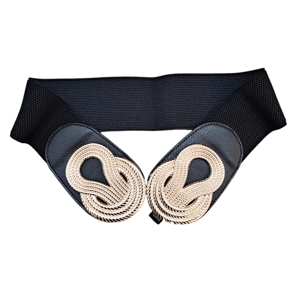 Boho Corset Black wide waist elastic stretch metal gold swirl buckle dress belt - Picture 5 of 9